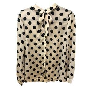 Retro 80s Bow Tie Cream Black Polka Dot Blouse Size Medium Modern Pin Up